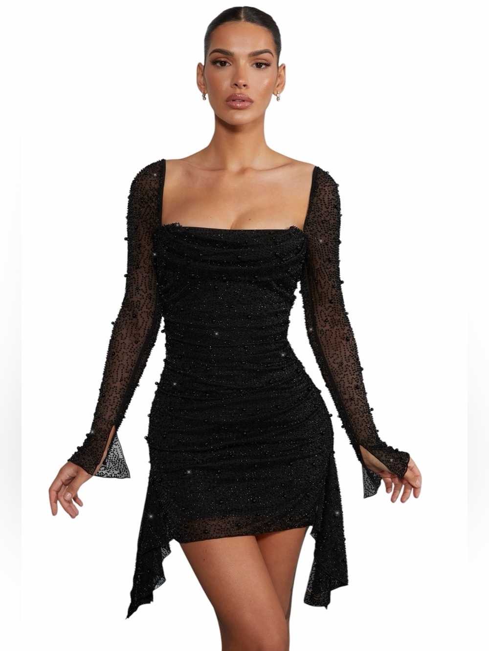 Oh Polly Black Tivoli Long Sleeve Embellished Mini Dress Womans 14